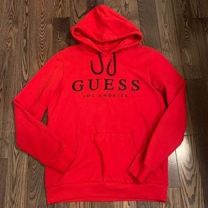 GUESS Men's Red Hoodie Sweatshirt with Black Logo